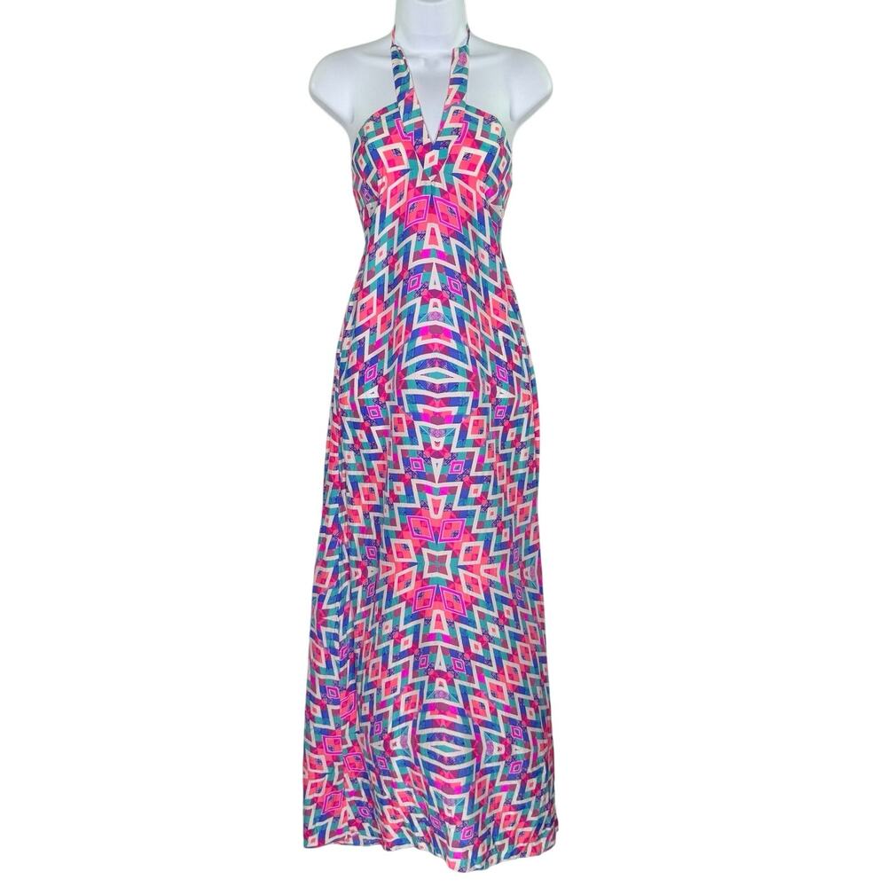 Alice & Trixie Silk Halter Maxi Dress XS Vibrant Geometric Pattern Pink Resort